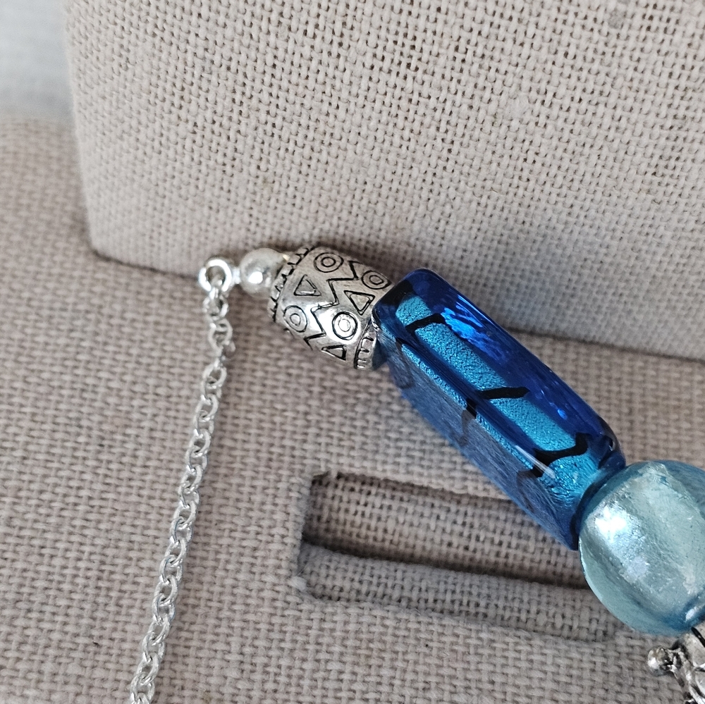 Silver and Blue Beaded Ocean Theme Blown Glass Vintage Necklace SAQ - Picture 7 of 14